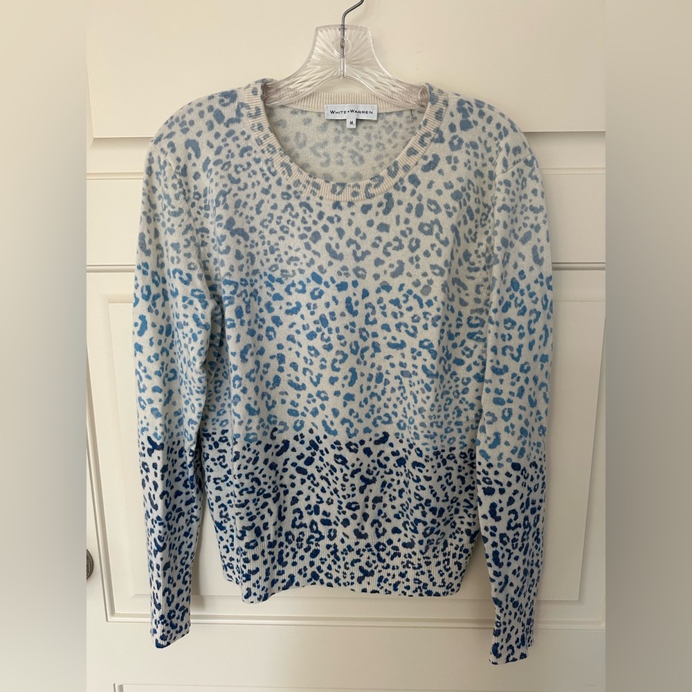White + Warren Blue Leopard Print Cashmere Sweater
